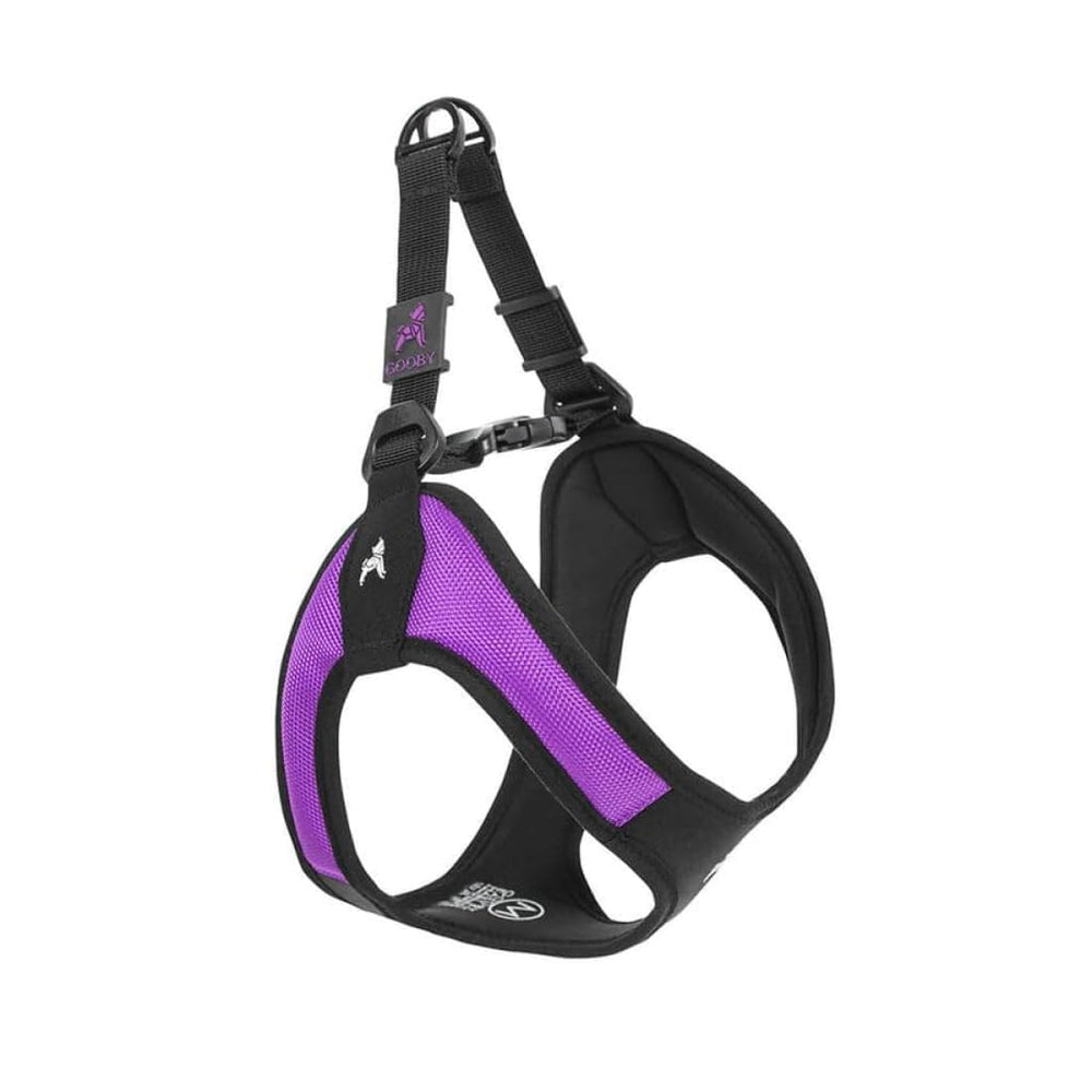 Gooby Escape Free Easy Fit Harness purple on dog during a secure on-leash walk