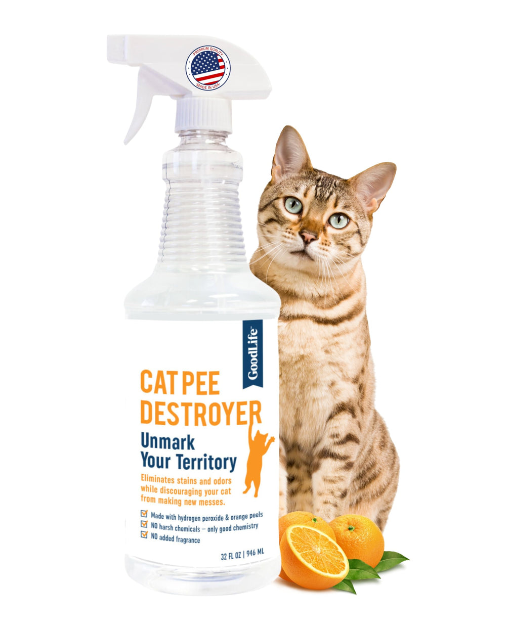Good Life Solutions Cat Pee Destroyer bottle pour for easy stain treatment.