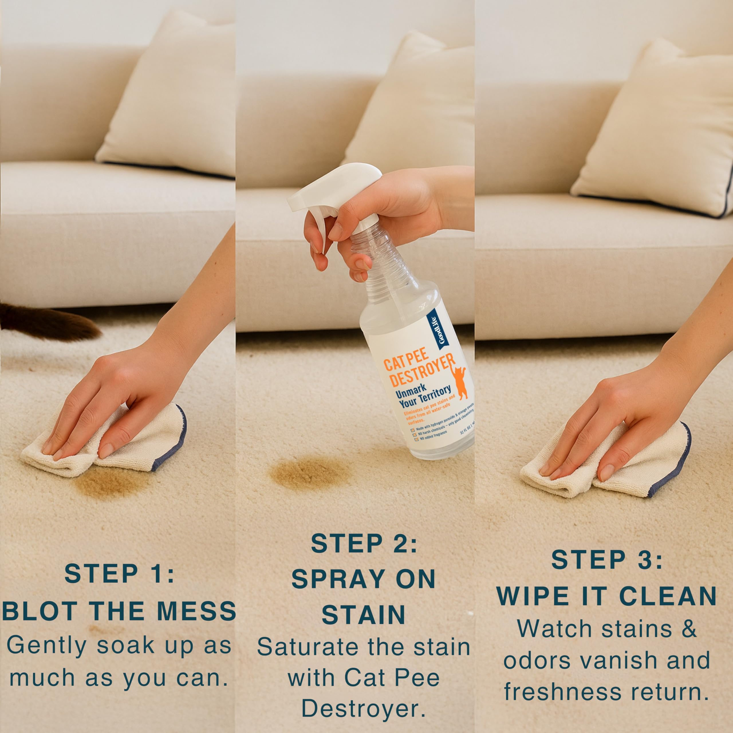 Good Life Solutions Cat Pee Destroyer cleans carpet with stubborn stains.