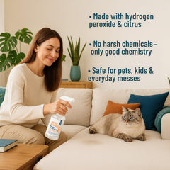 Good Life Solutions Cat Pee Destroyer label closeup highlighting eco-friendly features.