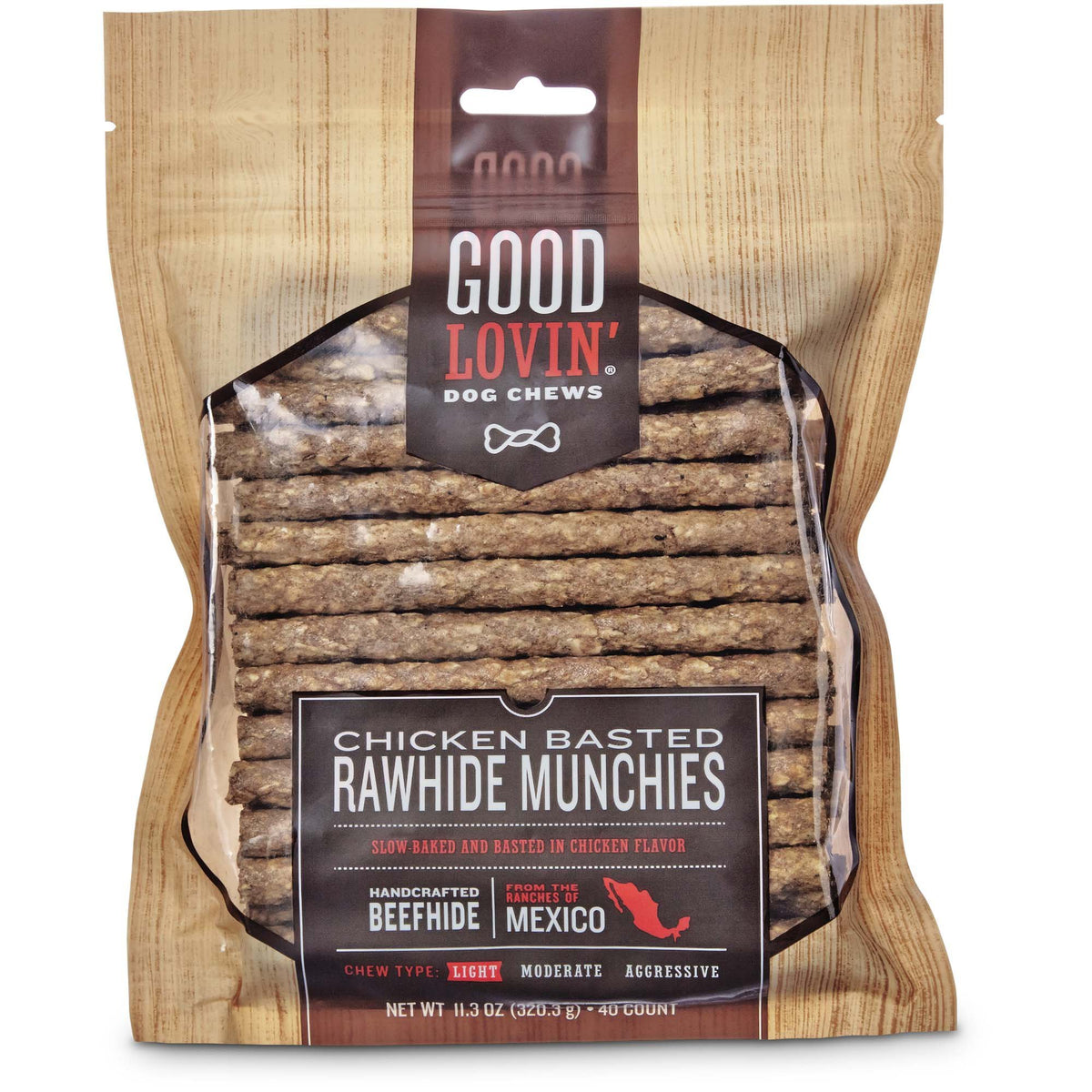 Good Lovin' Chicken Basted Rawhide Munchie pack-40 for durable chews and savory flavor