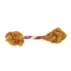 GOOD 'N' FUN Triple Flavor Double Pops with Chicken close-up on real chicken and beef hide ingredients.