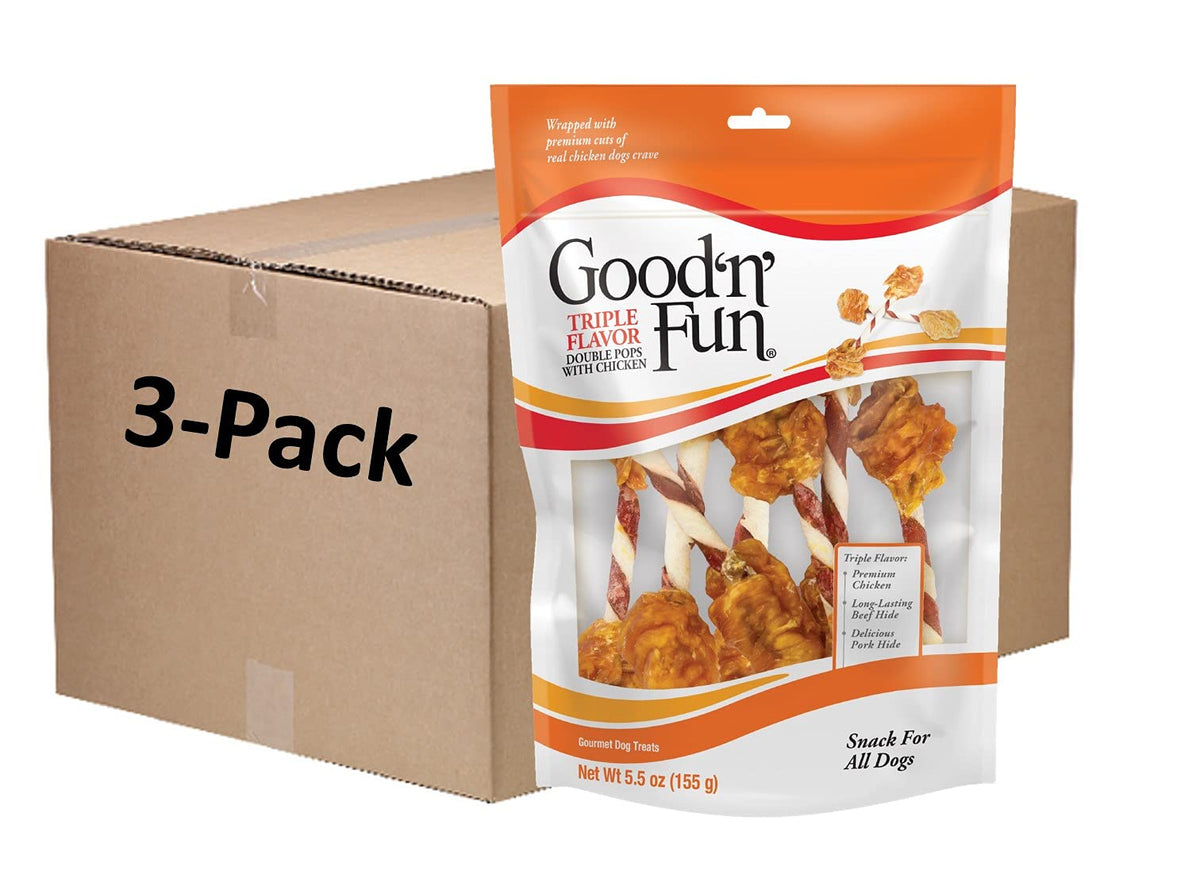 GOOD 'N' FUN Triple Flavor Double Pops with Chicken pack shot showing long-lasting dog chew.