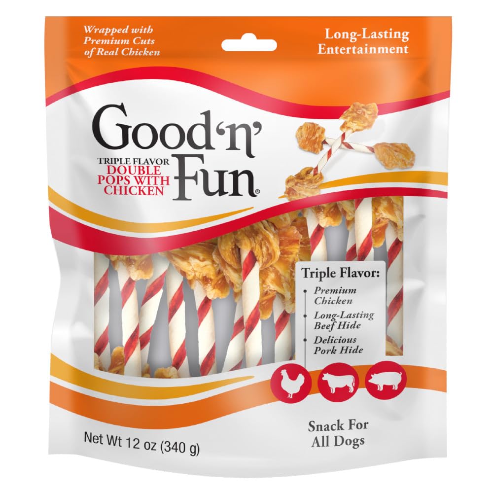 GOOD 'N' FUN Triple Flavor Double Pops chicken-wrap chew for dogs; protein-rich treat.