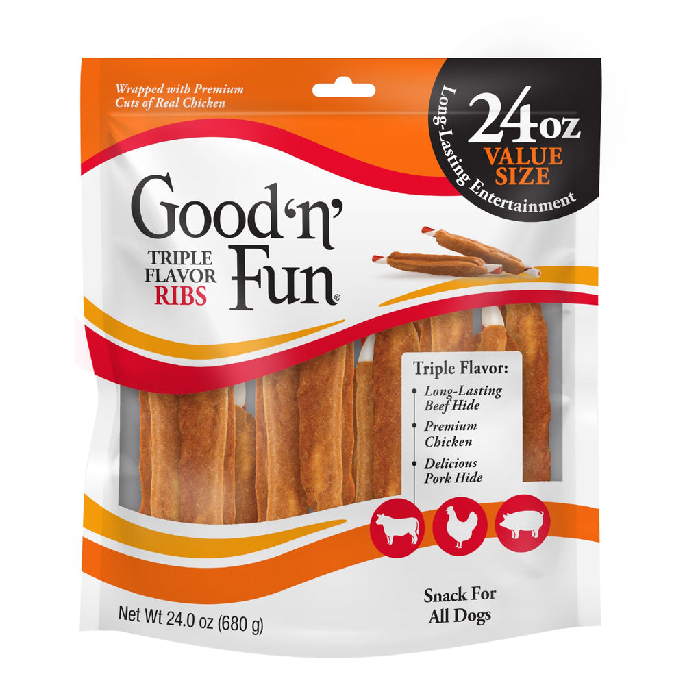 GOOD 'N' FUN Triple Flavor Ribs beef hide chew for dogs, a long-lasting treat.