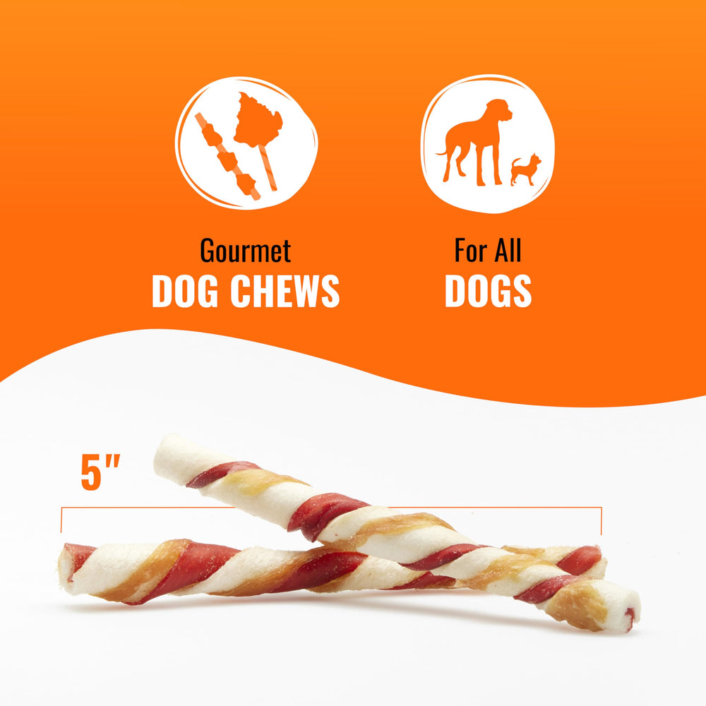 Close-up of ingredients: beef hide, pork flavor, real chicken.