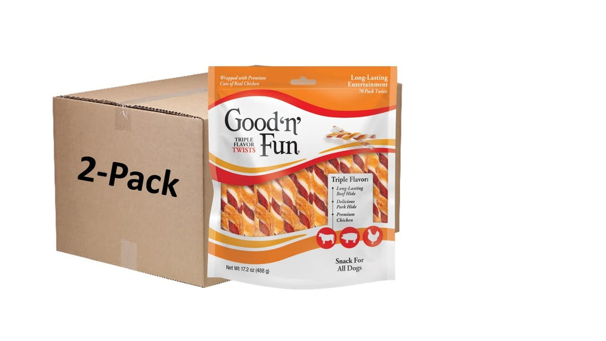 Good'N'Fun Triple Flavor Twists dog chews with three flavors and real chicken for long-lasting chewing