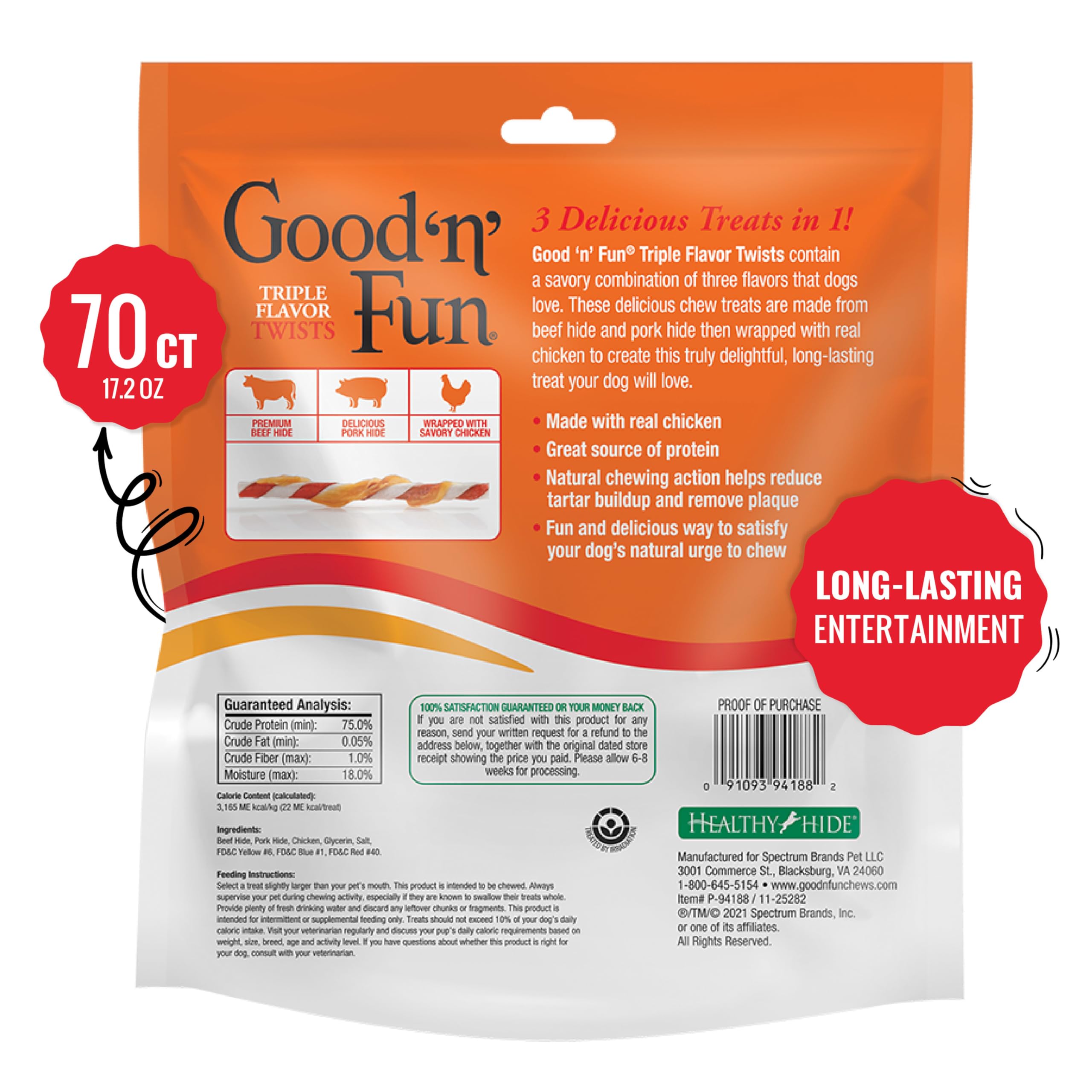 GOOD N FUN Triple Flavor Twists porkhide chew wrapped with real chicken.