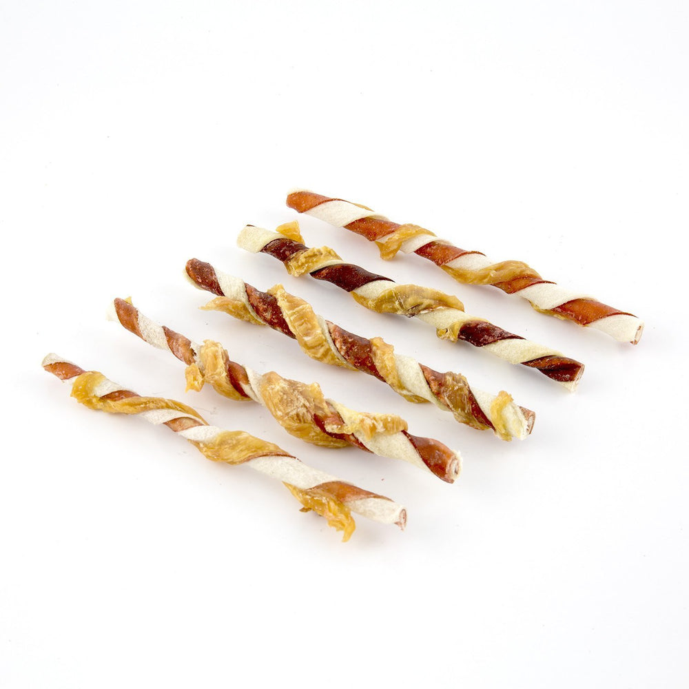 Good 'N' Fun Triple Flavor Twists rawhide-wrap close-up; protein-rich chew.