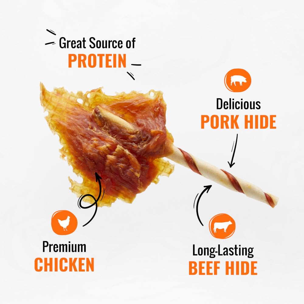 GOOD 'N' FUN triple flavor chews closeup; shows real chicken, pork, beef ingredients.