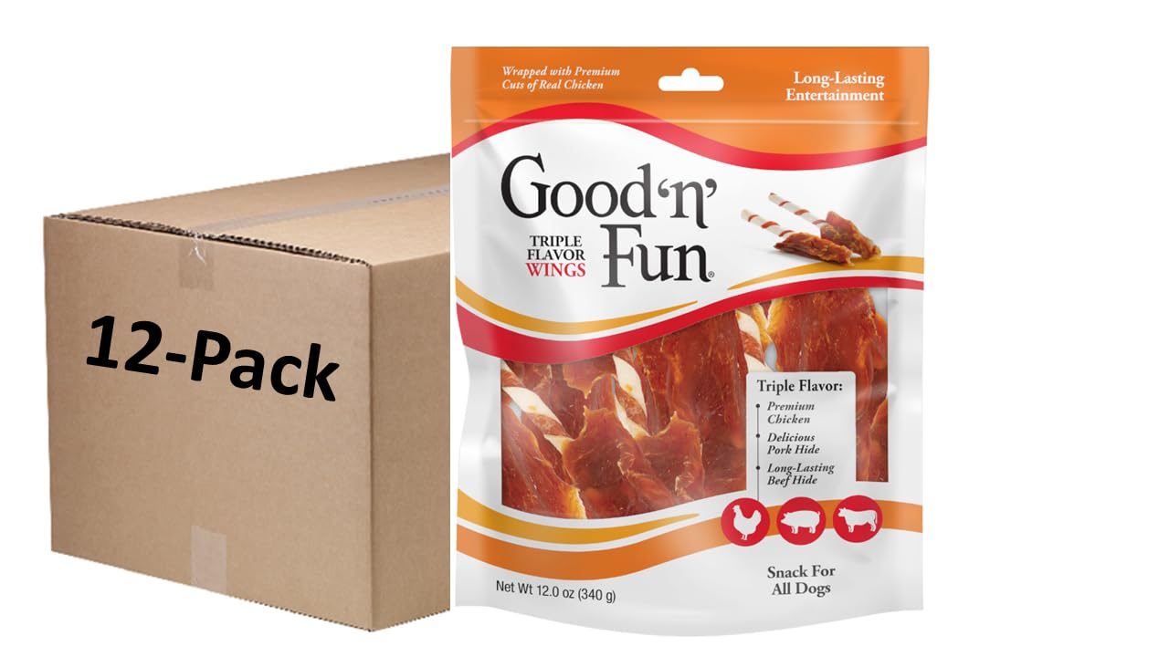 Good 'n' Fun Triple Flavor Wings pack shot, long-lasting dog chew.