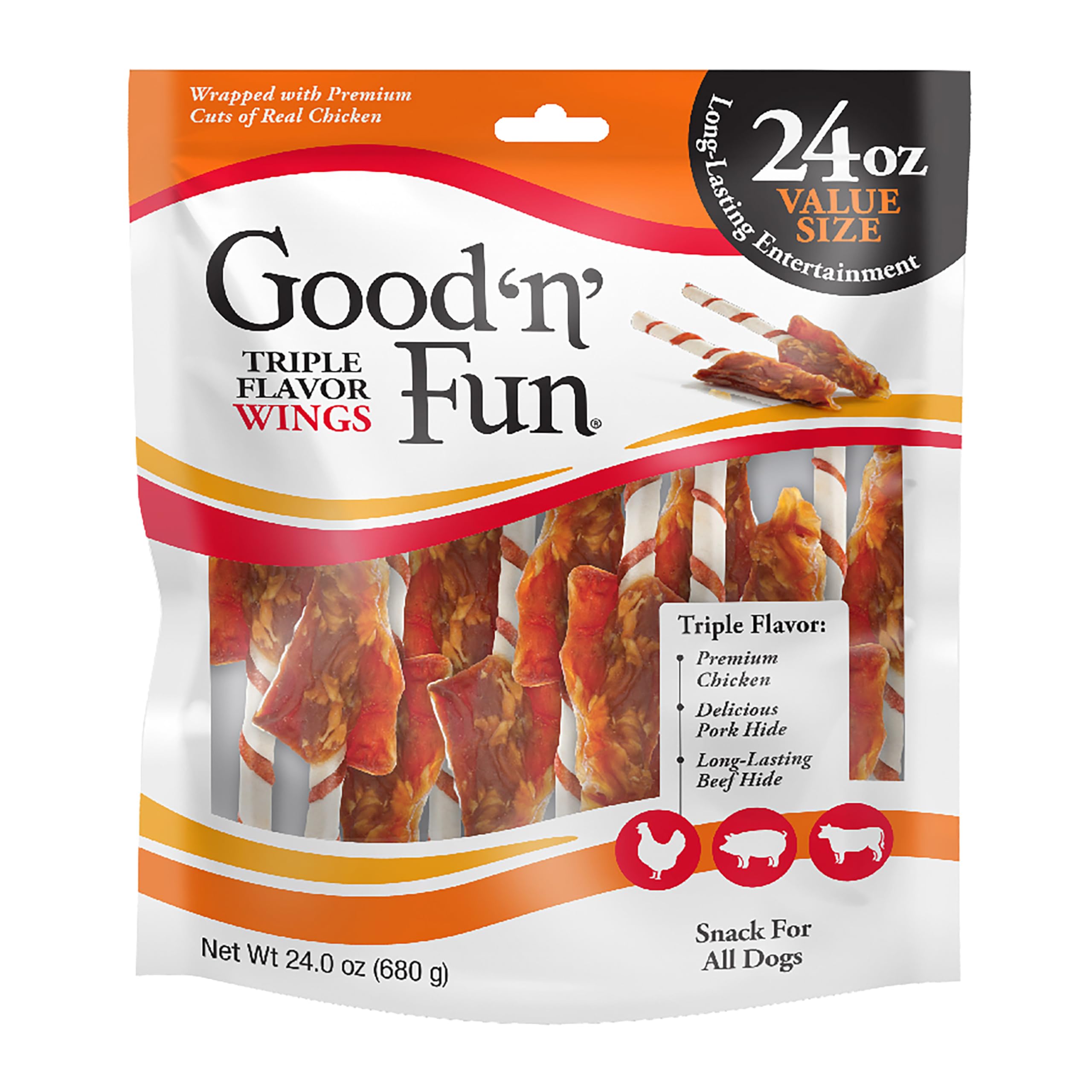 GOOD 'N' FUN Triple Flavor Wings wrap image; a tasty, long-lasting chew for dogs.