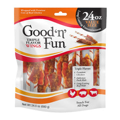 GOOD 'N' FUN Triple Flavor Wings wrap image; a tasty, long-lasting chew for dogs.