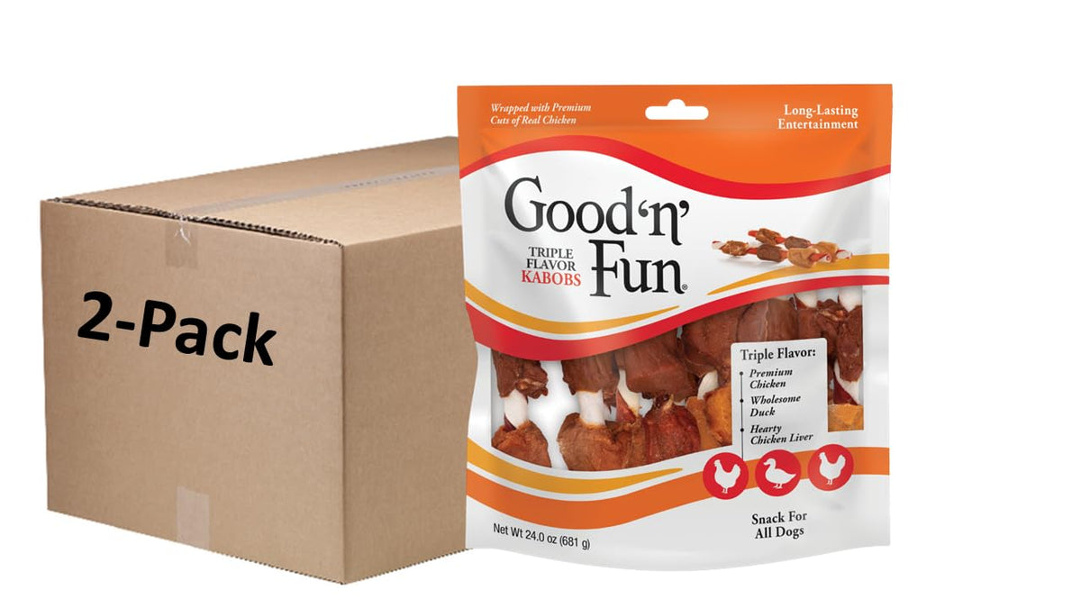 GOOD 'N' FUN triple flavored rawhide kabobs packaging for dogs, tasty and long-lasting.