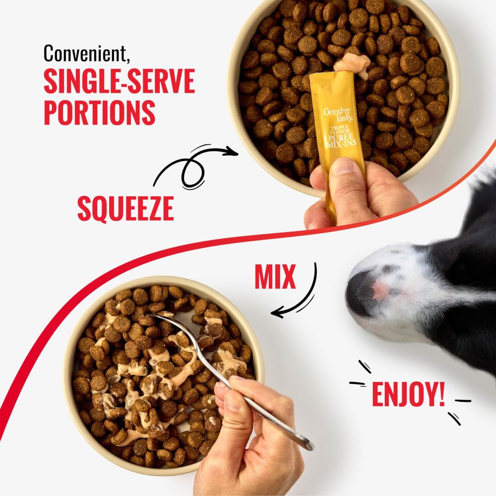 Dog enjoying Good 'N' Tasty Triple Flavor Puree Mix-Ins on kibble.