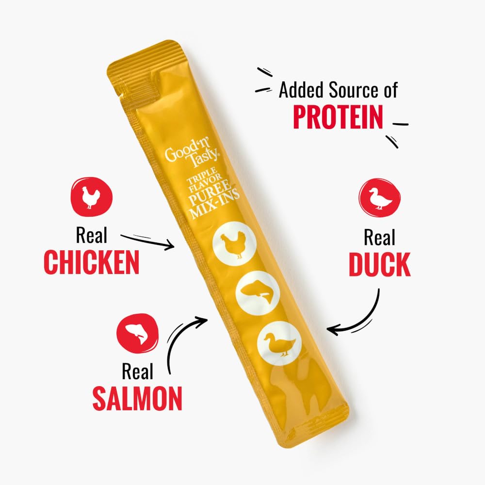 Close-up of Good 'N' Tasty Triple Flavor Puree Mix-Ins tube for quick flavor boost on kibble.