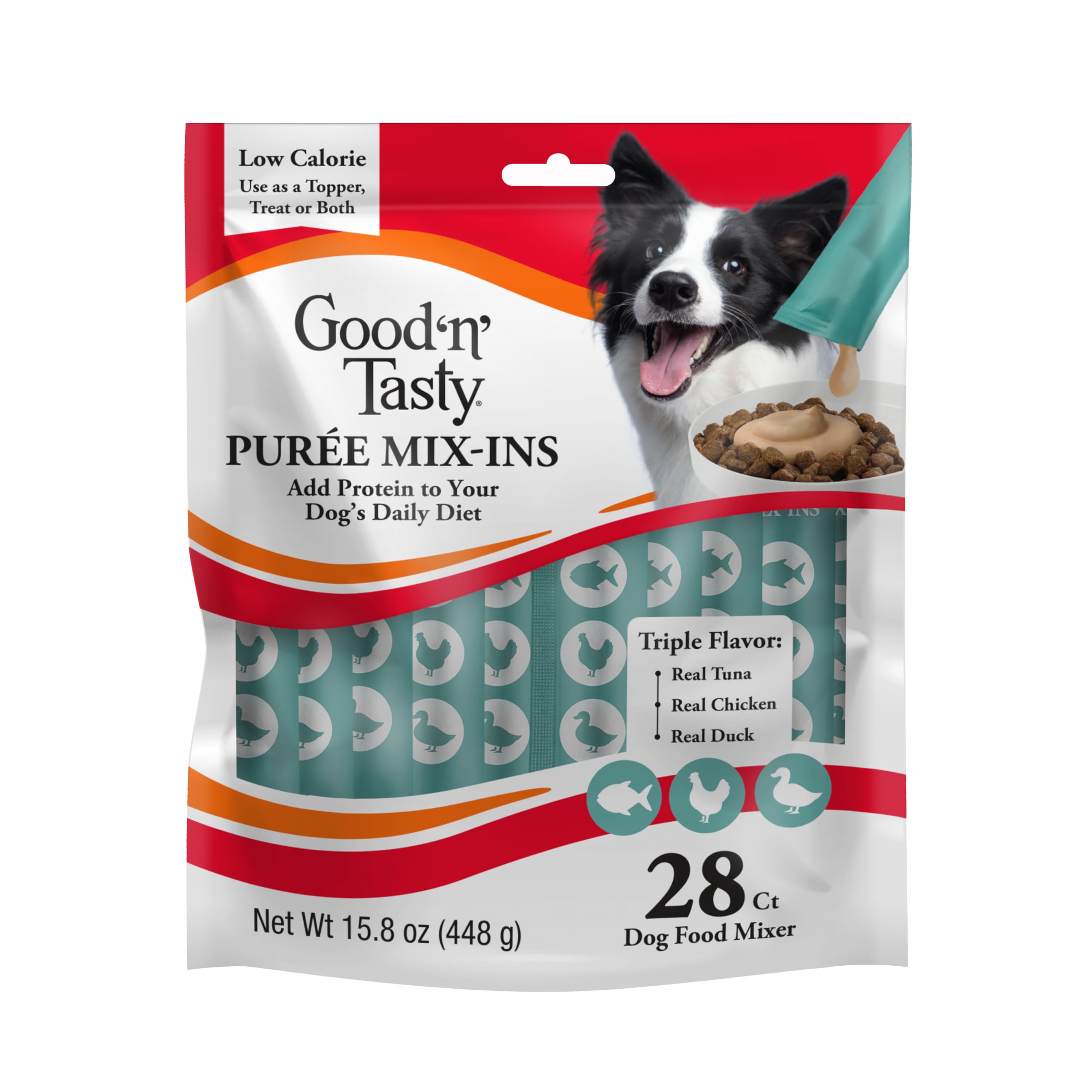 Good 'N' Tasty tuna topper on kibble adds flavorful protein.