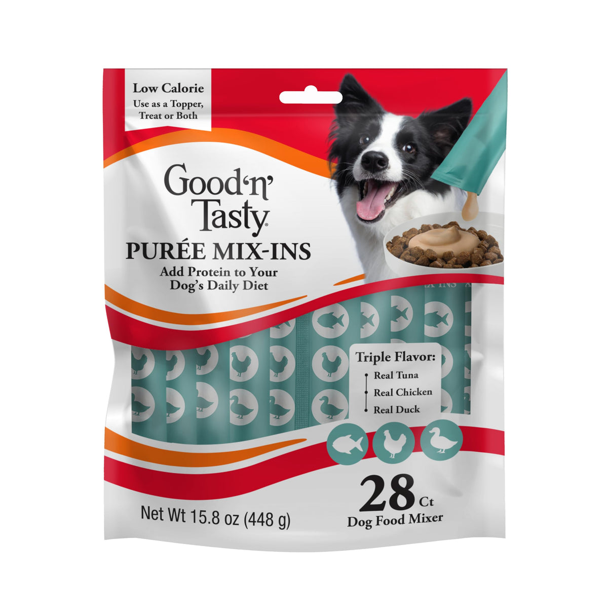 Good 'N' Tasty tuna topper on kibble adds flavorful protein.