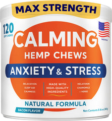 GOODGROWLIES Advanced Calming Chews bottle shown for dog stress relief