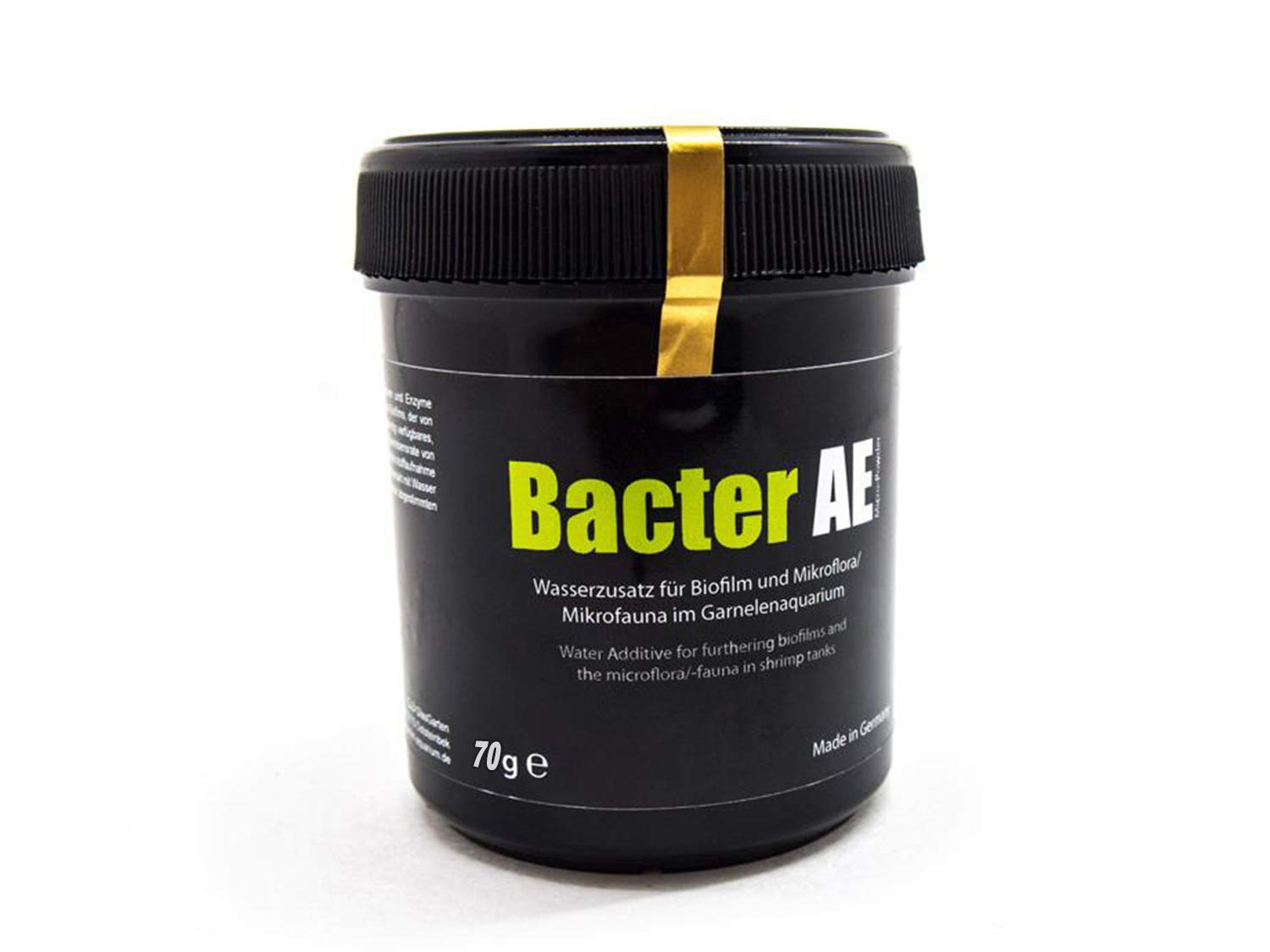 GoodGrowlies Bacter AE bottle shown in an aquarium setup enhances microbial balance for shrimp