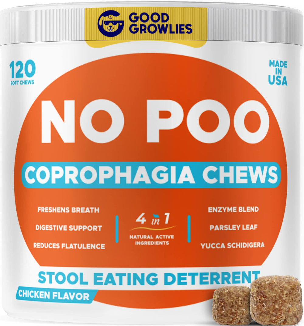 GOODGROWLIES Chew No Poo bottle front illustrates stool-deterrent support for dogs.