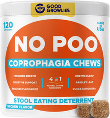 GOODGROWLIES Chew No Poo bottle front illustrates stool-deterrent support for dogs.