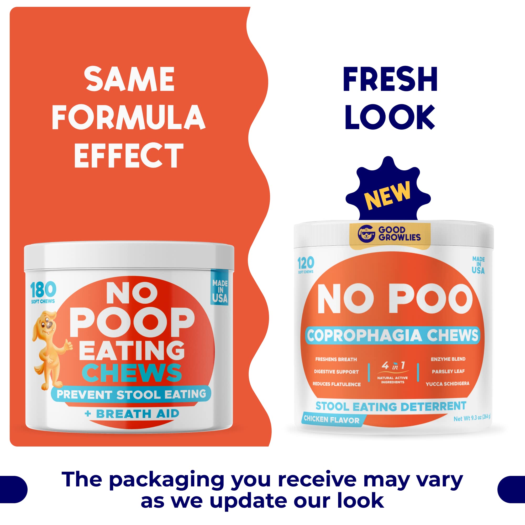 GOODGROWLIES Chew No Poo jar closeup highlights tasty chicken-flavored treats.