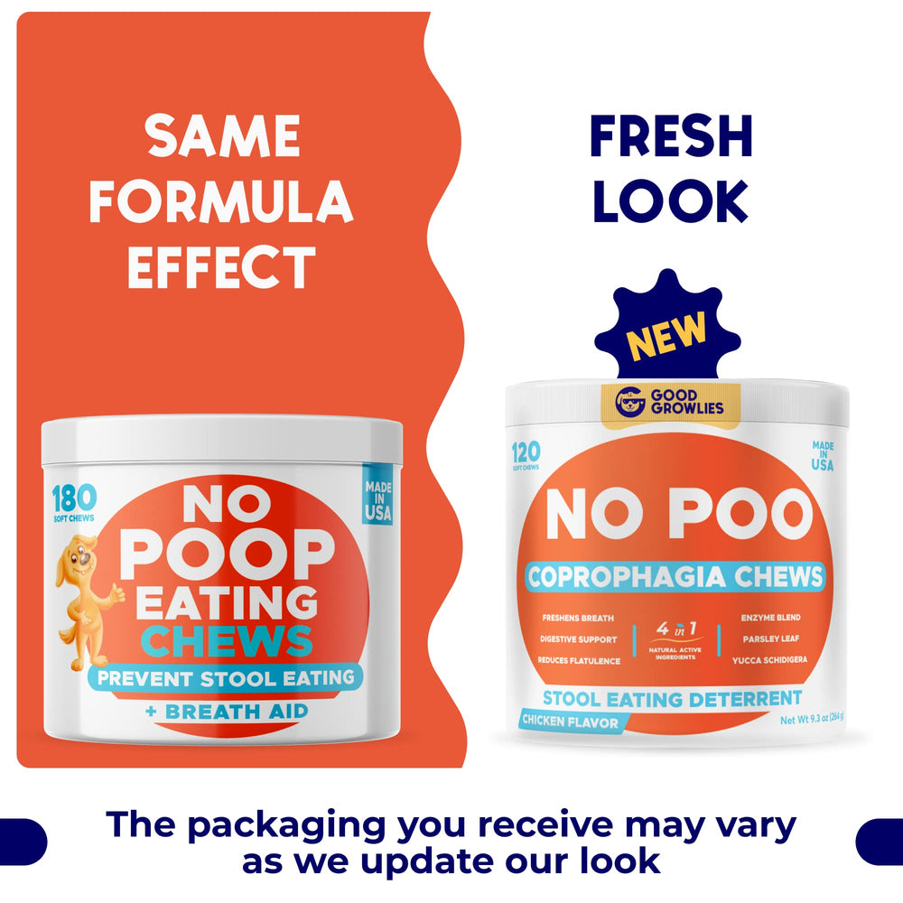 GOODGROWLIES Chew No Poo jar closeup highlights tasty chicken-flavored treats.