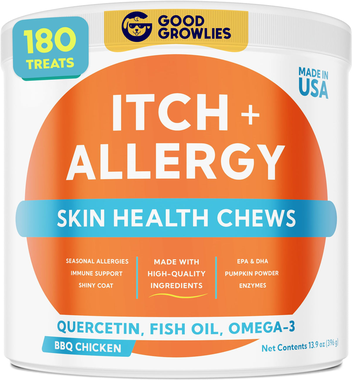 GOODGROWLIES Dog Allergy Relief Chews packaging highlighting natural ingredients for itch relief.