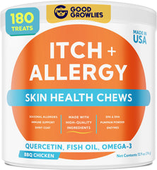 GOODGROWLIES Dog Allergy Relief Chews packaging highlighting natural ingredients for itch relief.
