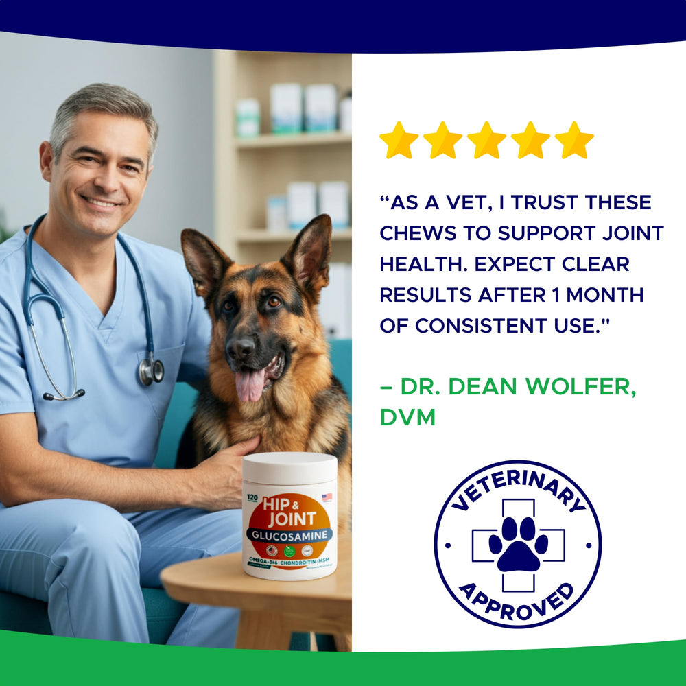 GoodGrowlies glucosamine dog chews bottle label emphasizing joint care.