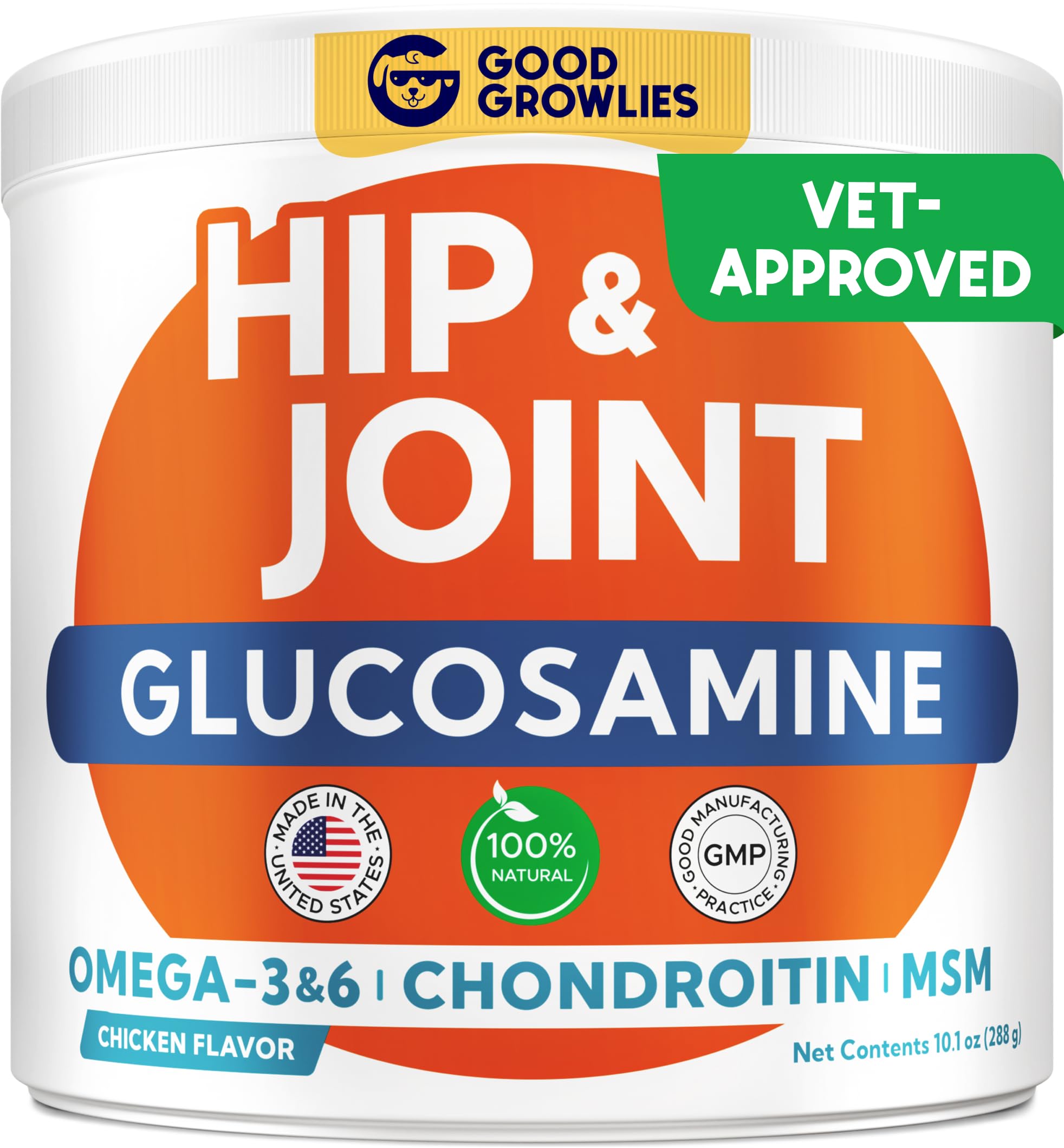 GoodGrowlies glucosamine dog chews front view for joint support.