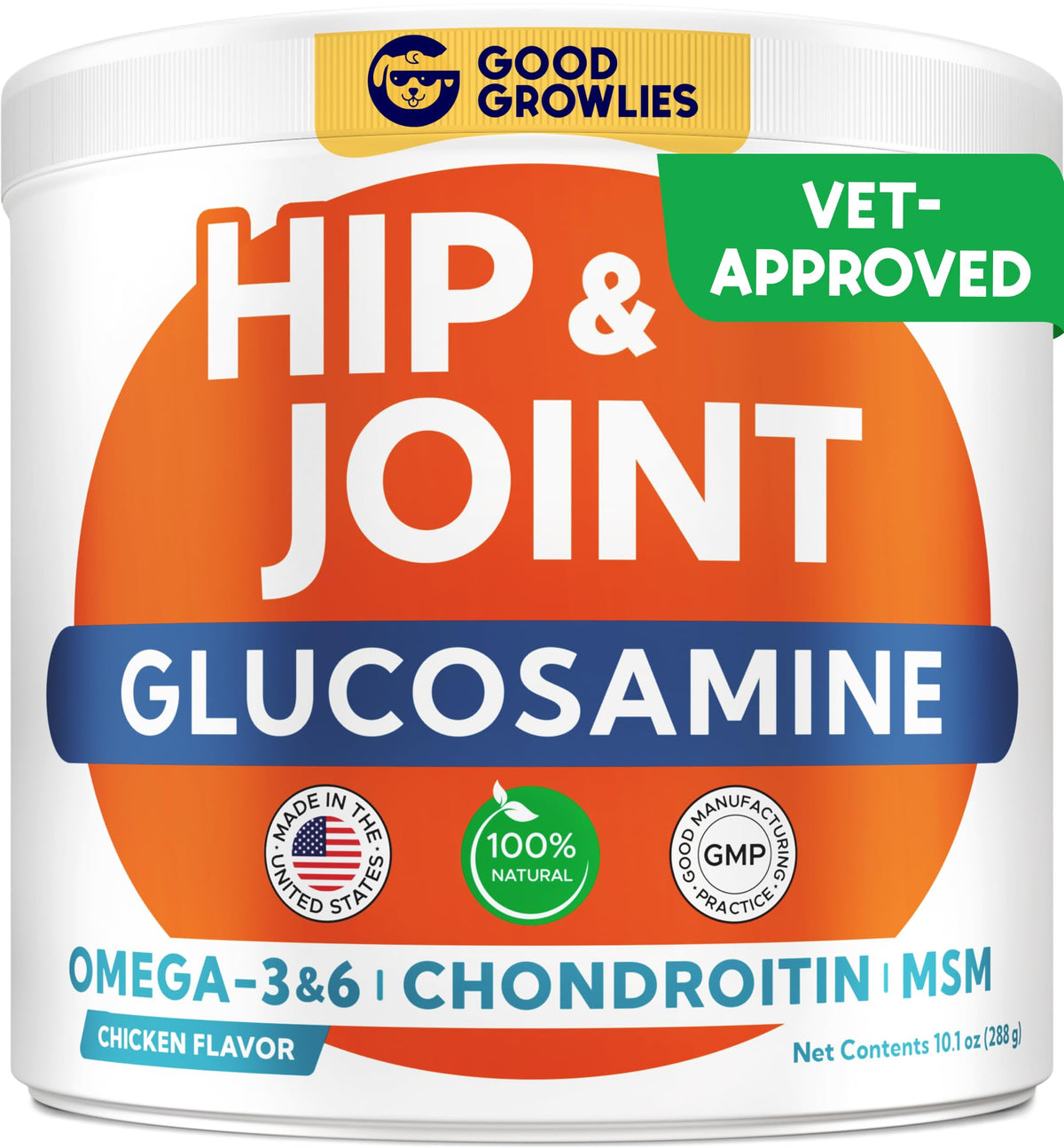 GoodGrowlies glucosamine dog chews front view for joint support.