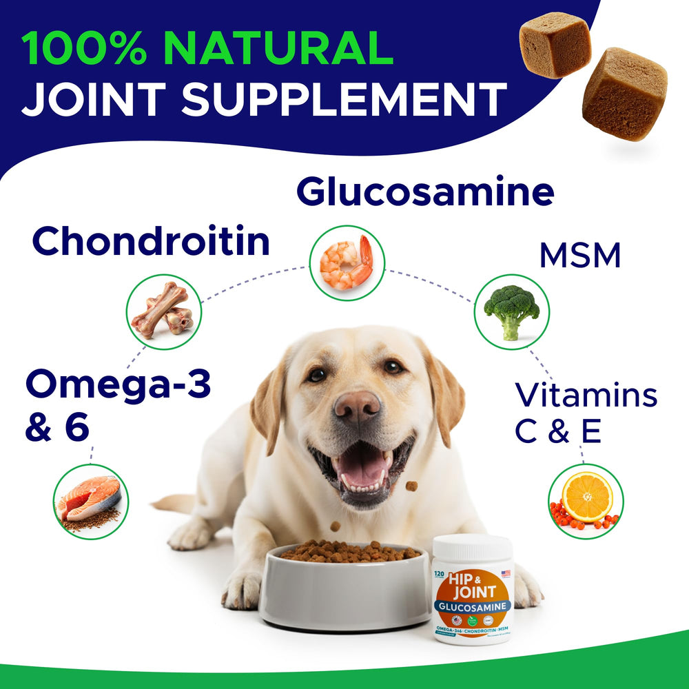 GoodGrowlies glucosamine dog chews packaging box highlights USA-made formula.