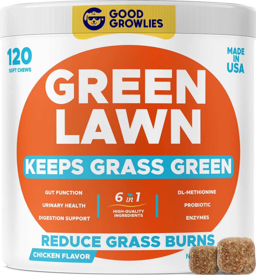 GOODGROWLIES grass burn spot chews in packaging promoting lawn health and stain reduction.