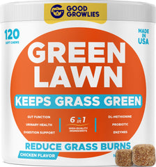 GOODGROWLIES grass burn spot chews in packaging promoting lawn health and stain reduction.