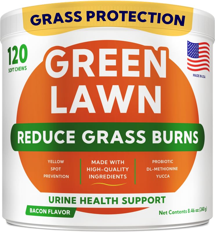 GOODGROWLIES green grass dog chews bottle showing lawn protection benefits