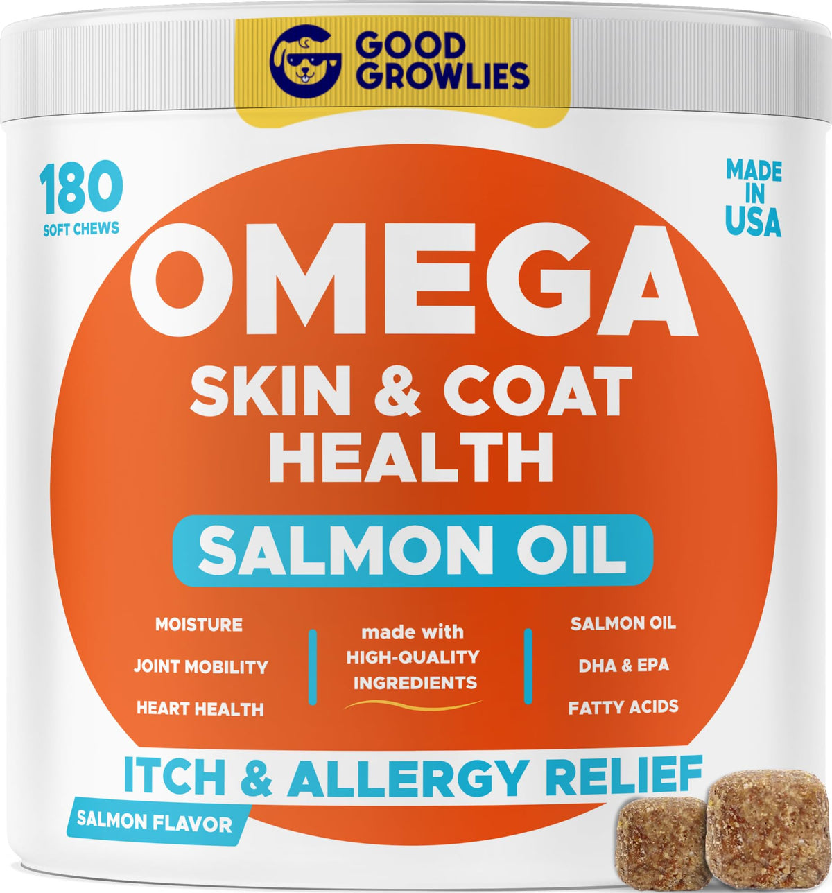 GOODGROWLIES Omega-3 dog chews bottle showing glossy coat support.