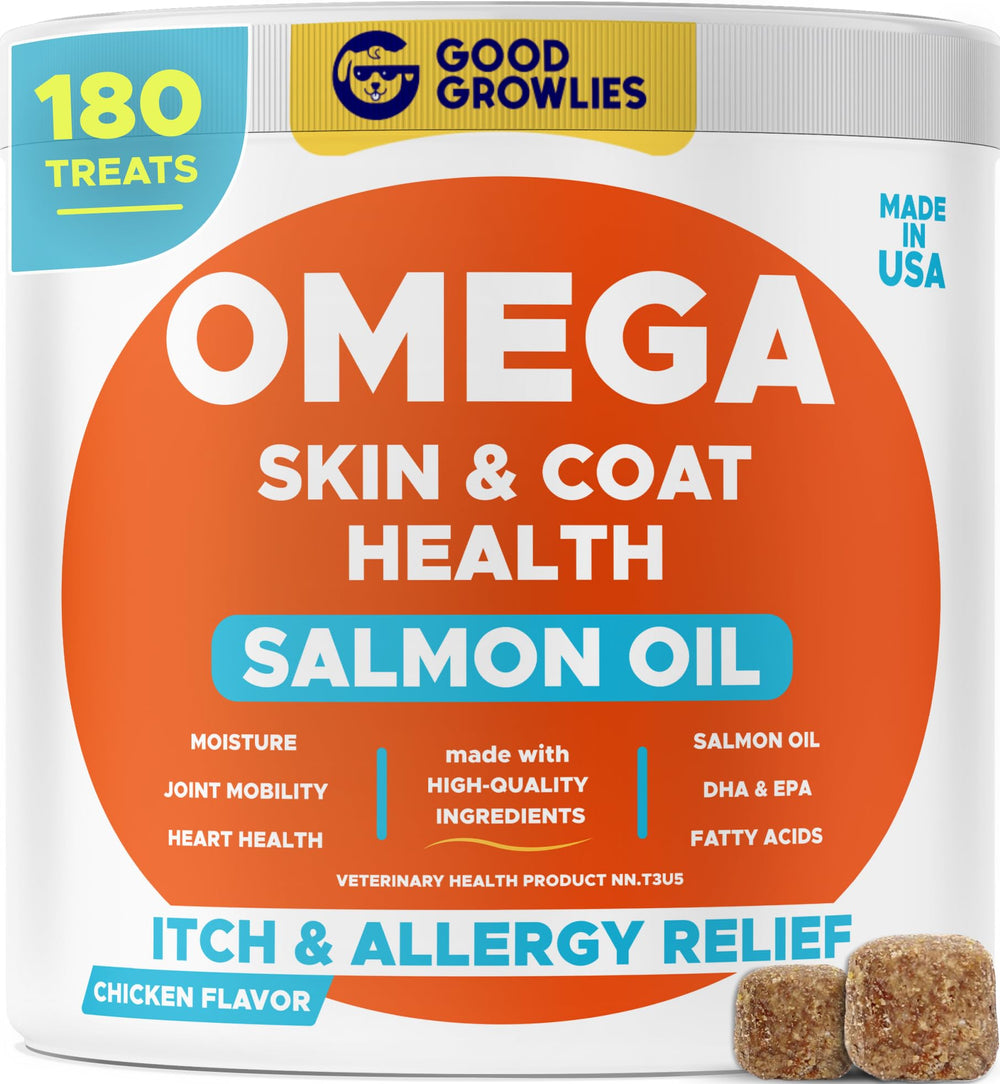 GOODGROWLIES Omega-3 dog bites packaging, 180-count jar promotes shinier coats
