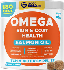 GOODGROWLIES Omega-3 dog bites packaging, 180-count jar promotes shinier coats