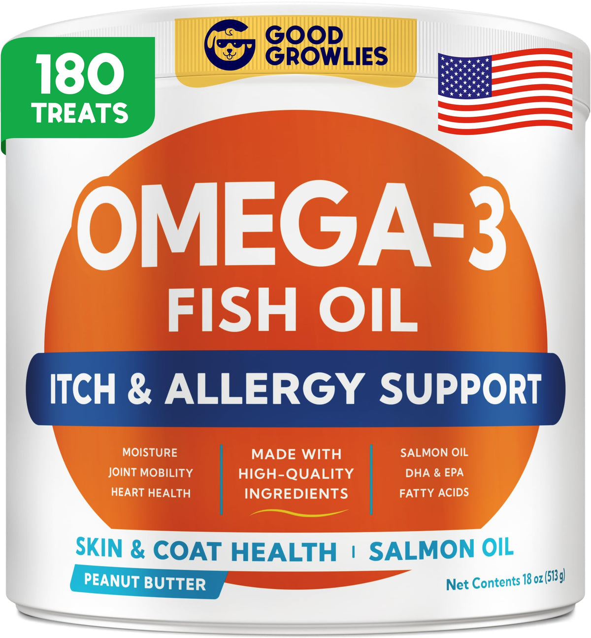 GOODGROWLIES Omega 3 dog chews bottle pour highlights salmon oil for glossy coat