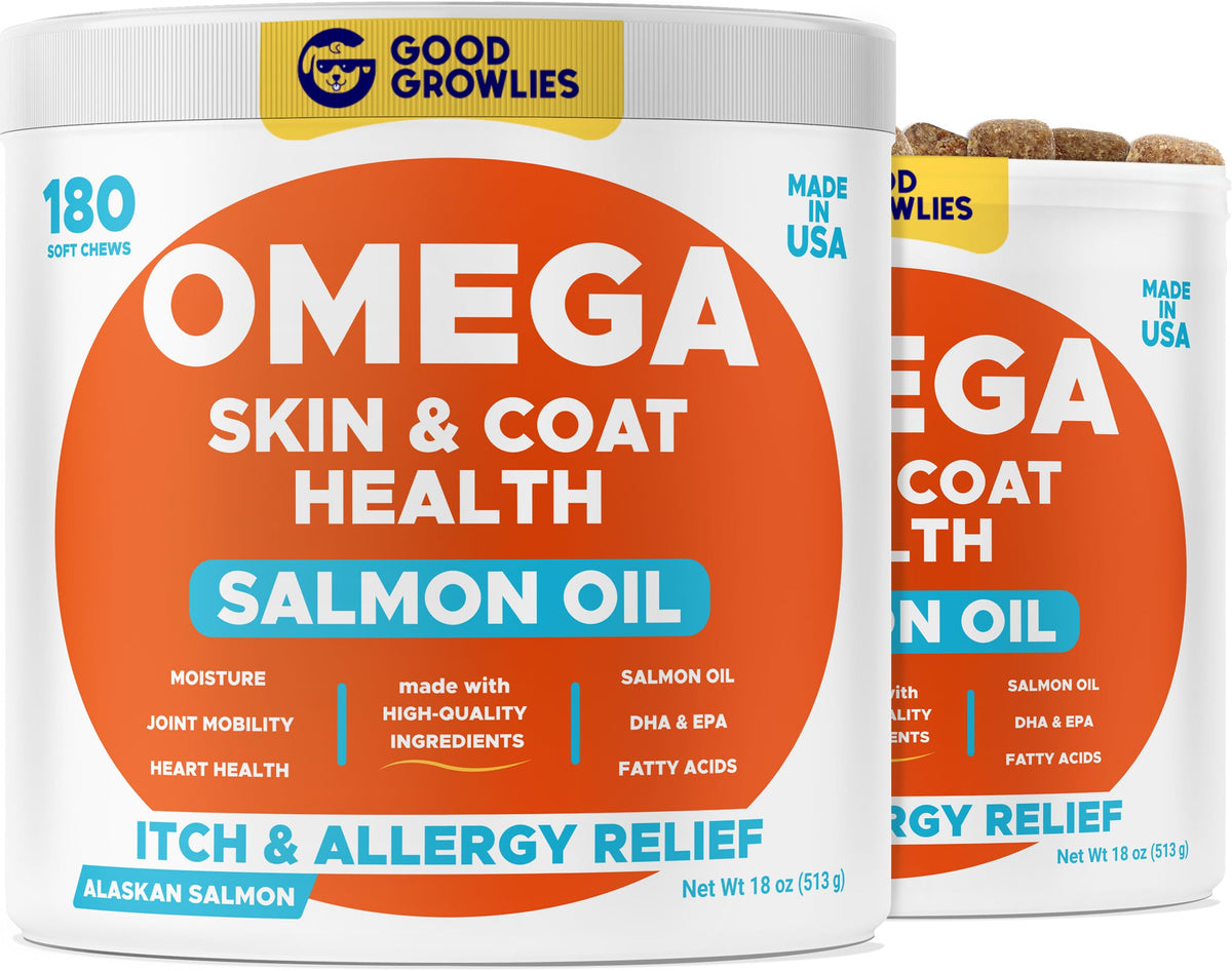 GOODGROWLIES Omega 3 Alaskan Fish Oil dog treats in bottle, supporting skin and coat.