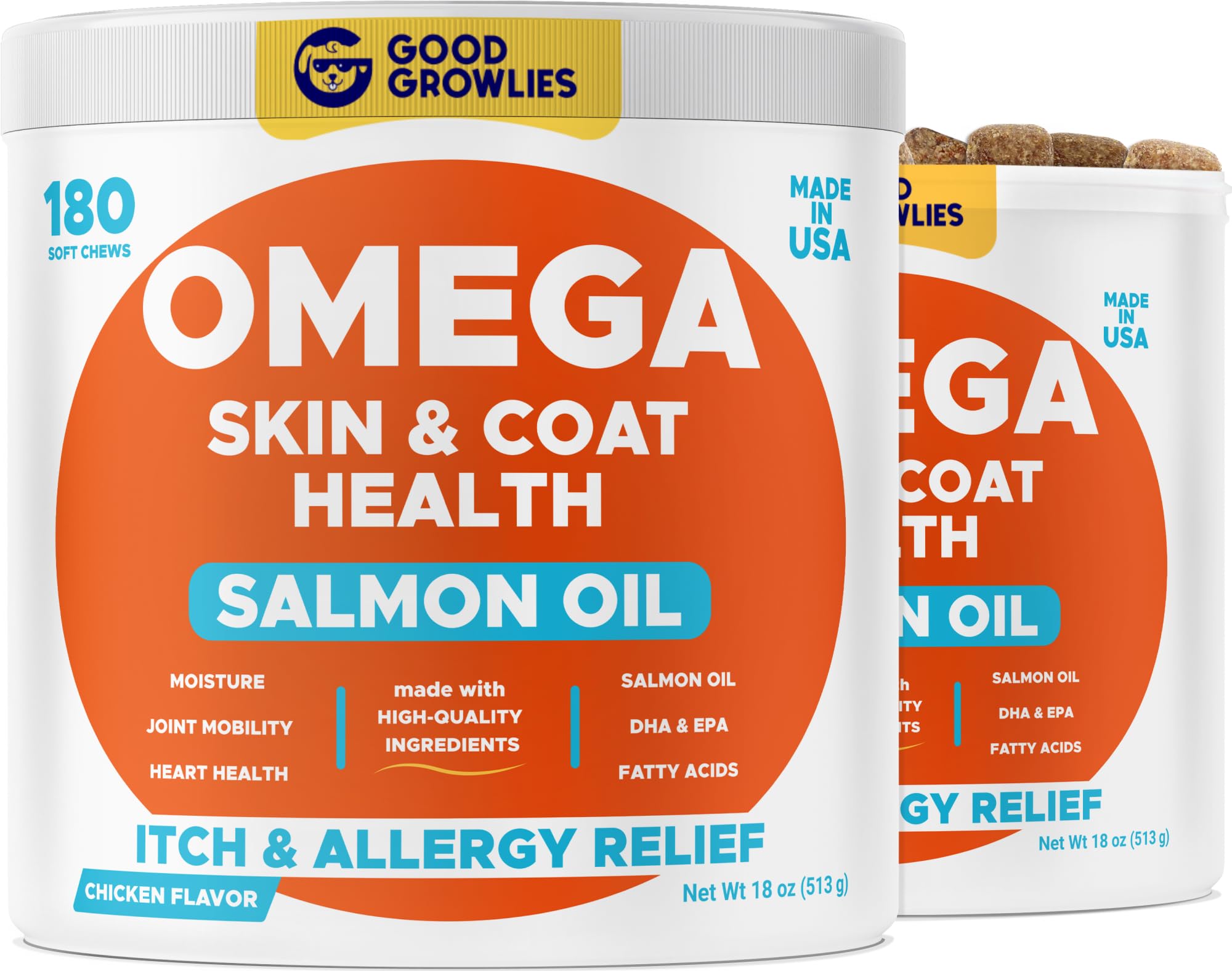 GOODGROWLIES Omega-3 for Dogs bottle with label and benefits