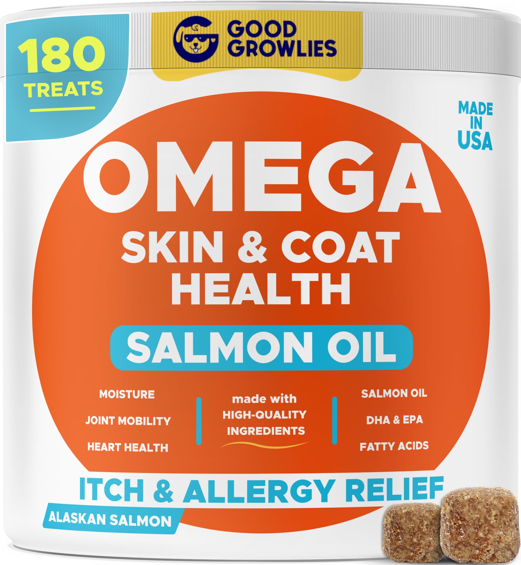 GOODGROWLIES Omega3 fish oil for dogs bottle supports a healthy coat and skin.
