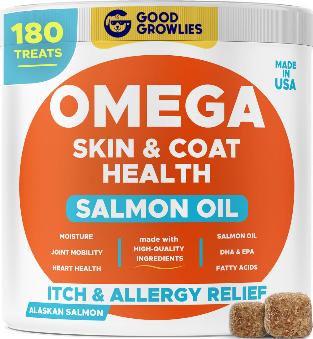 GOODGROWLIES Omega3 fish oil for dogs bottle supports a healthy coat and skin.