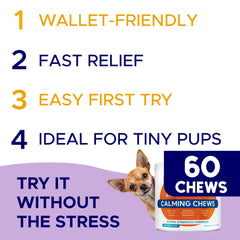 GOODGROWLIES calming chews shown next to a relaxed dog after fireworks