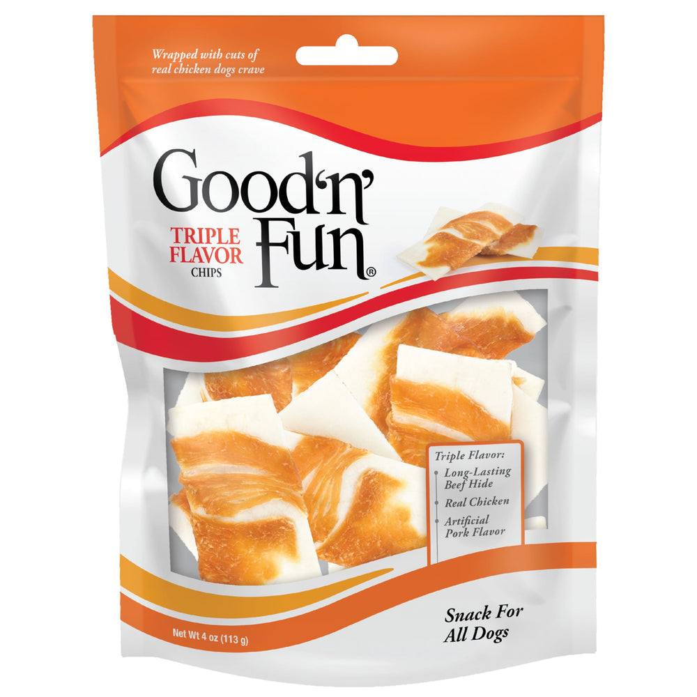 GOOD 'N' FUN beef hide chips offer a durable chew for powerful chewers