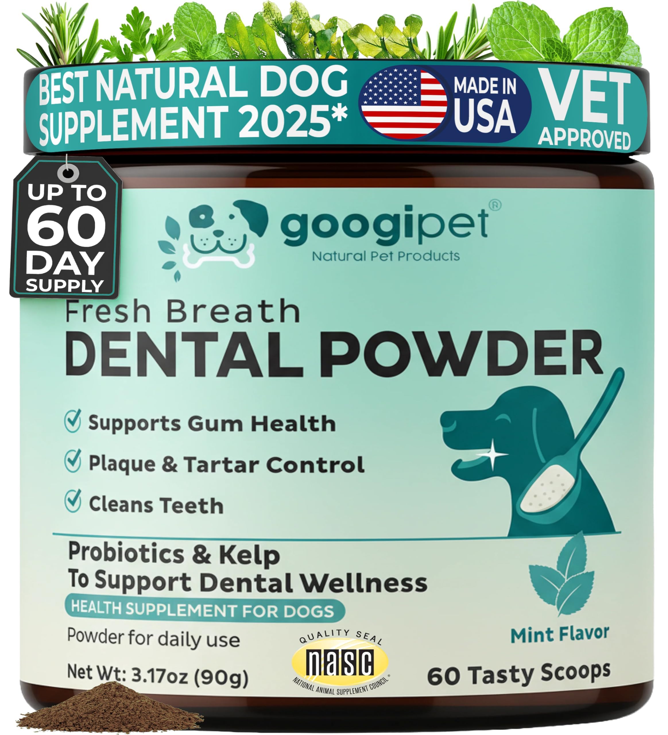 Googipet Dental Powder bottle shown for easy, breath-freshening dental care.