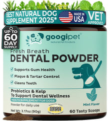 Googipet Dental Powder bottle shown for easy, breath-freshening dental care.