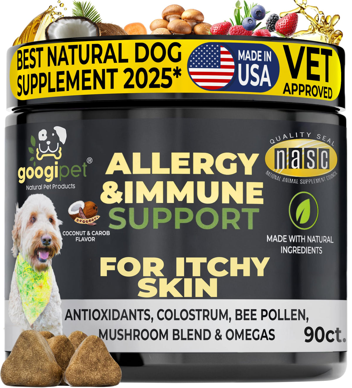 Googipet Dog Allergy Chews bottle front showing packaging and product name for itch relief potential.